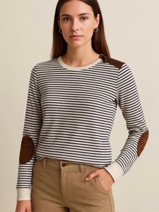 Lauren Ralph Lauren Tops - Lauren RL Striped Long-Sleeve with Suede Elbow Patches Size Large